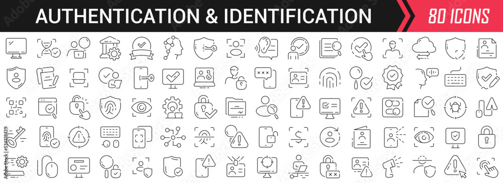 Fototapete authentication and identification linear icons in black. big ui icons collection in a flat design. t
