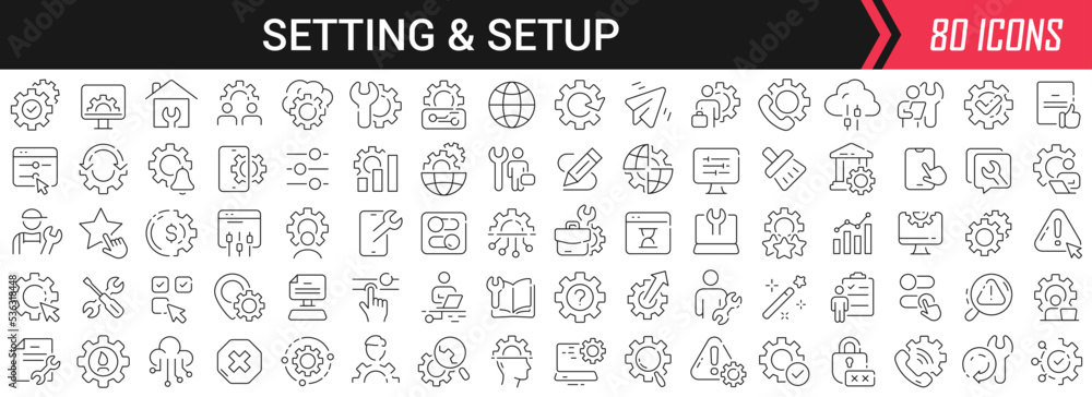 Poster Setting and setup linear icons in black. Big UI icons collection in a flat design. Thin outline signs pack. Big set of icons for design