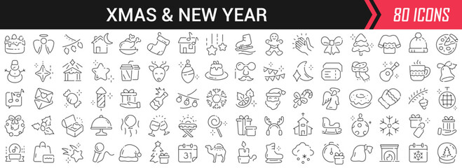 Xmas and New Year linear icons in black. Big UI icons collection in a flat design. Thin outline signs pack. Big set of icons for design