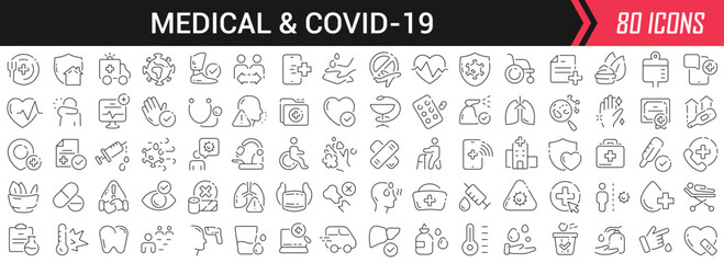 Medical and covid-19 linear icons in black. Big UI icons collection in a flat design. Thin outline signs pack. Big set of icons for design