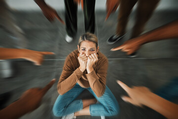 Fear, bullying and hands pointing at girl scared, sad and crying for help from stress, depression...
