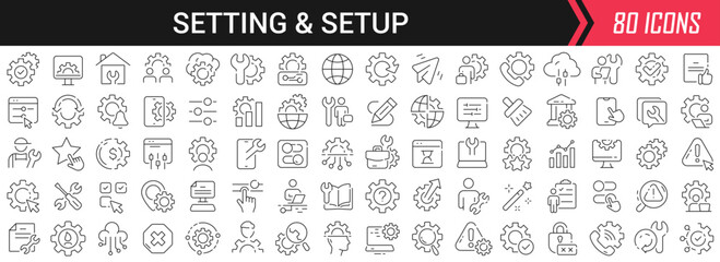 Setting and setup linear icons in black. Big UI icons collection in a flat design. Thin outline signs pack. Big set of icons for design
