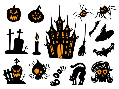 A set of illustrations for Halloween, black creepy silhouettes. Halloween Stickers