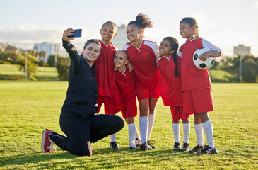 Soccer field, girl team and coach selfie for social media after training, competition and game...