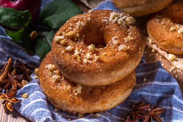 Traditional tasty ready to eat apple cider donuts. Homemade baked apple cinnamon donuts with apple pie crumble and spices, served on wooden table copy space
