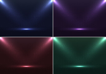 Set of empty stage blue, purple, red, green colors scene background with spotlights and dust particles effect