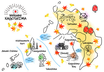 秋の鹿児島県の観光地のシンプル線画イラストマップ