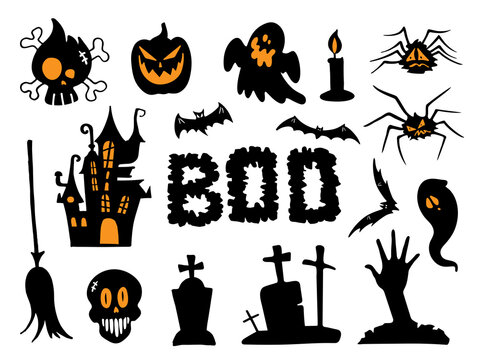 A set of illustrations for Halloween, black creepy silhouettes. Halloween Stickers