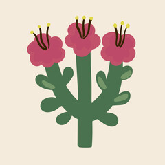 Stylish retro botanical illustration. Decorative hand-drawn pink flowers on white background  for poster and home decor
