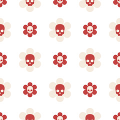 Fototapeta premium Seamless pattern with skull flower. Halloween hippie groovy pattern
