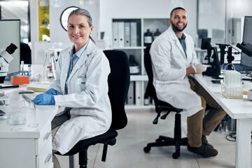 Science, research and innovation with a man and woman scientist working in a medical lab together. Healthcare, analytics and discovery with a medicine team at work in a scientific laboratory