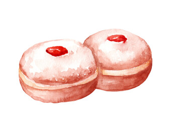 Donuts with jam for Hanukkah. Hand drawn watercolor painting isolated on white background