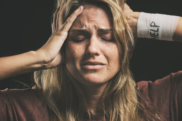 Mental health, depressed woman and help for drug addiction, suicide thoughts or schizophrenia and...