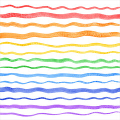 Rainbow colors watercolor vector textured wavy stripes set, long brush strokes painted background. Hand drawn uneven colorful waves, curved lines with watercolour stains. Border, frame templates. 