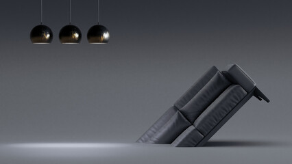 half black sofa ( fauteuil ) on the floor with 3 ceiling light, 3D render