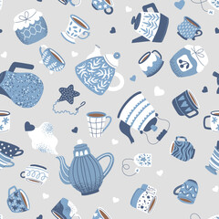 Seamless pattern with Scandinavian-style mugs and teapots. Blue blue mugs and coffee pots on a gray background