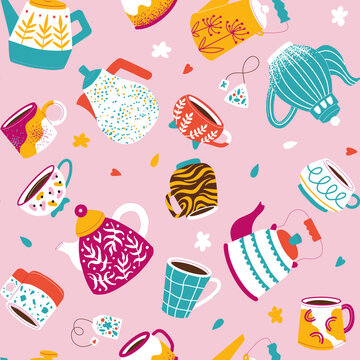 Seamless bright pattern with tea party utensils. multicolored mugs, cups, teapots and coffee cups on a pink background