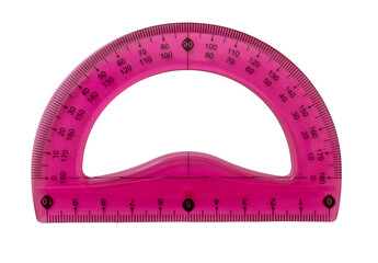 Ruler protractor pink color, transparent background. PNG. Plastic geometry tool close up