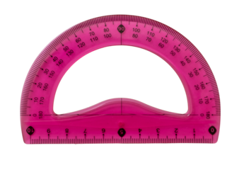 Ruler protractor pink color, transparent background. PNG. Plastic geometry tool close up