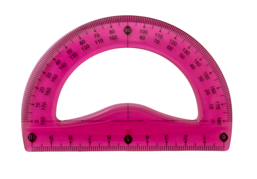 Ruler protractor pink color, transparent background. PNG. Plastic geometry tool close up - Powered by Adobe