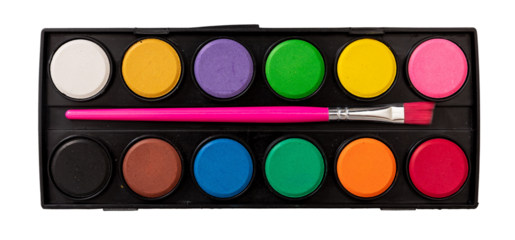 Watercolor palette. Paints set and brush isolated transparent background, PNG