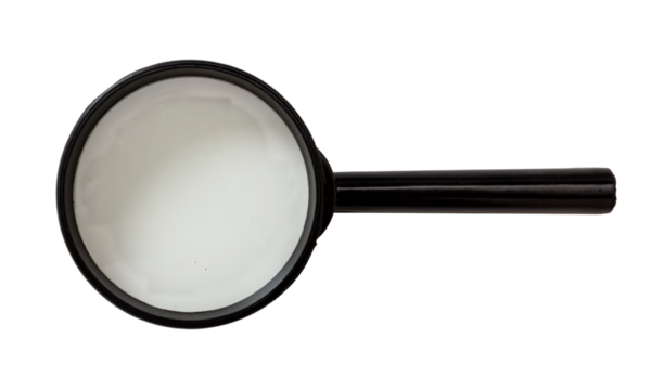 Magnifying glass isolated, transparent background, PNG. Loupe with black frame and handle