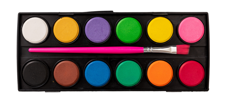 Watercolor palette. Paints set and brush isolated transparent background, PNG