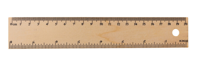 Ruler measure in centimeters and inches isolated on transparent background, Png. Wooden school tool 