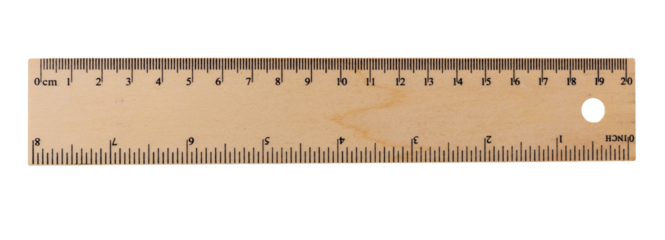Ruler measure in centimeters and inches isolated on transparent background, Png. Wooden school tool 