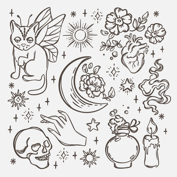 ASTROLOGICAL SYMBOLS Monochrome Hand Drawn Objects Sketch Alchemic Astrologic And Occult Celestial Collection Magical Accessories Cartoon Vector Illustration