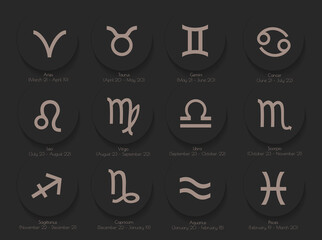 Astrological zodiac signs Twelve constallation simbols with dates Flat icons on dark background.