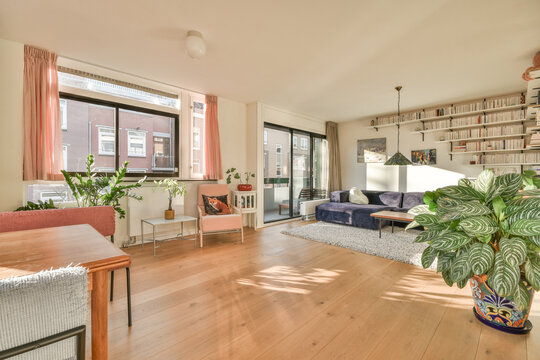 Interior of modern living room with comfortable lounge and dining areas
