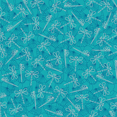 Green and blue seamless pattern background.  With lily pads and Dagon flies. Perfect for fabric, scrapbooking, quilting, wallpaper and many more projects.
