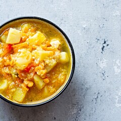 Soup with red lentils and vegetables in a bowl on a blue background.Traditional dish of Turkish or Arabic cuisine, vegan healthy food.