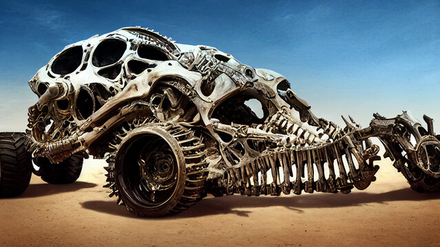 surrealistic monster truck made of bones, biomechanical vehicle, crazy post-apocalyptic dune buggy, digital illustration