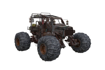 Fantasy post apocalyptic off road car with monster truck wheels. 3D rendering isolated. © IG Digital Arts