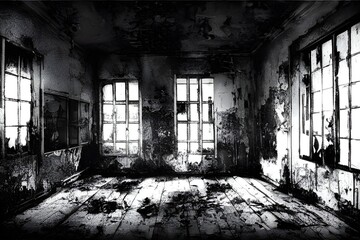A ruined asylum, spooky and haunted. 
