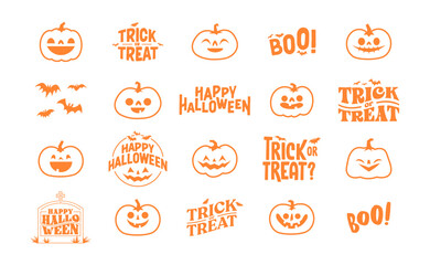 Halloween graphic elements with carved pumpkins and bats. Trick or treat, Boo and spooky designs. Halloween decoration. - obrazy, fototapety, plakaty