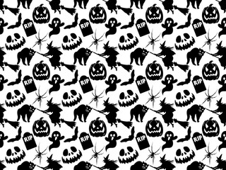 
A magical holiday pattern with a Halloween theme. Witch on broom, grave, bat, cat, ghost, ugly themed pumpkin head, creepy smile. A beautiful background or texture for any purpose in vector