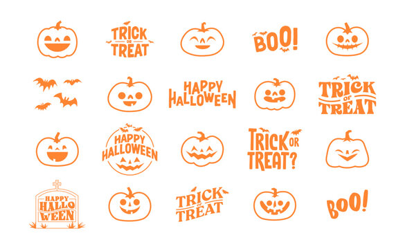 Halloween graphic elements with carved pumpkins and bats. Trick or treat, Boo and spooky designs. Halloween decoration.