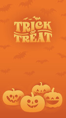 Halloween banner with copy space. Trick or treat lettering sign with bats and carved pumpkins. Cute and funny spooky style.