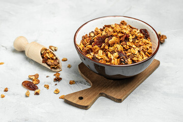 Crostini with strawberries, cheese camembert nuts and honey. Long banner format. top view