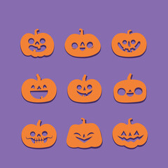 Set of Halloween carved pumpkins. Flat style, vector cute spooky design.