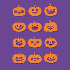 Set of Halloween carved pumpkins. Flat style, vector cute spooky design.