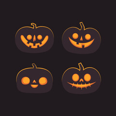 Set of carved halloween pumpkins. Jack o Lantern glowing inside with smile for your design for the holiday. Cute and fun vector illustration.