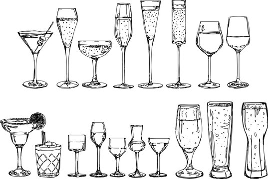 Hand Drawn Vector Set Of Glasses For Alcoholic Drinks