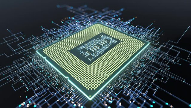 A computer processor with millions of connections and signals. Technology cpu background. Pulses and signals from the chip propagate through the motherboard.