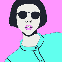 Fashion minimal illustration. Stylish brunette Lady. Vintage look