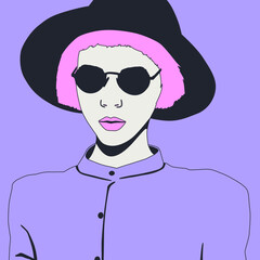 Fashion minimal illustration. Stylish brunette Lady in retro hat. Vintage look