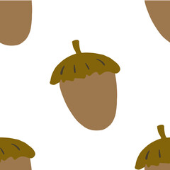 Vector seamless autumn pattern with yellow oak leaves and acorns. Oak branch, leaf and acorn. Cute autumn collection. Fall background.